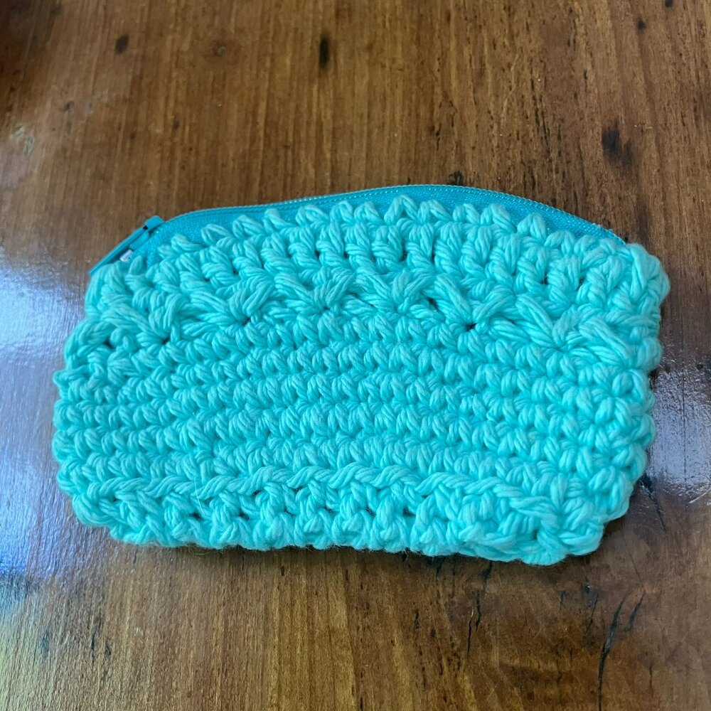 Crochet small pouch with zipper, aqua, approx. 4.5 in. wide, 2.5 in. deep, New
